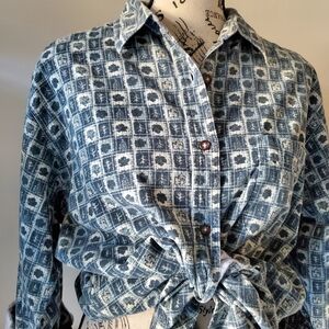 Vintage Checkered Leaf Print  Western Style Cotton Button Down Shirt